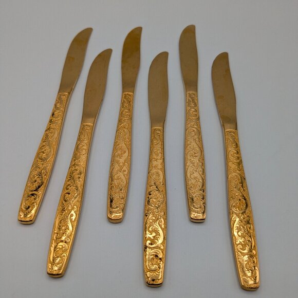 Americana Golden Heritage Flatware Golden Scroll 6 Dinner Knives 8"  - Vintage - Picture 6 of 12